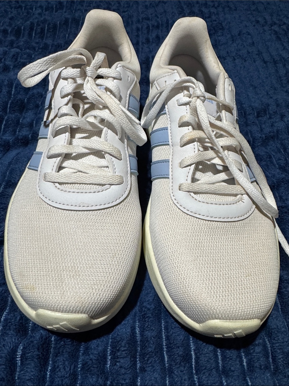 Women’s Adidas White Sneakers with Light Blue Accents